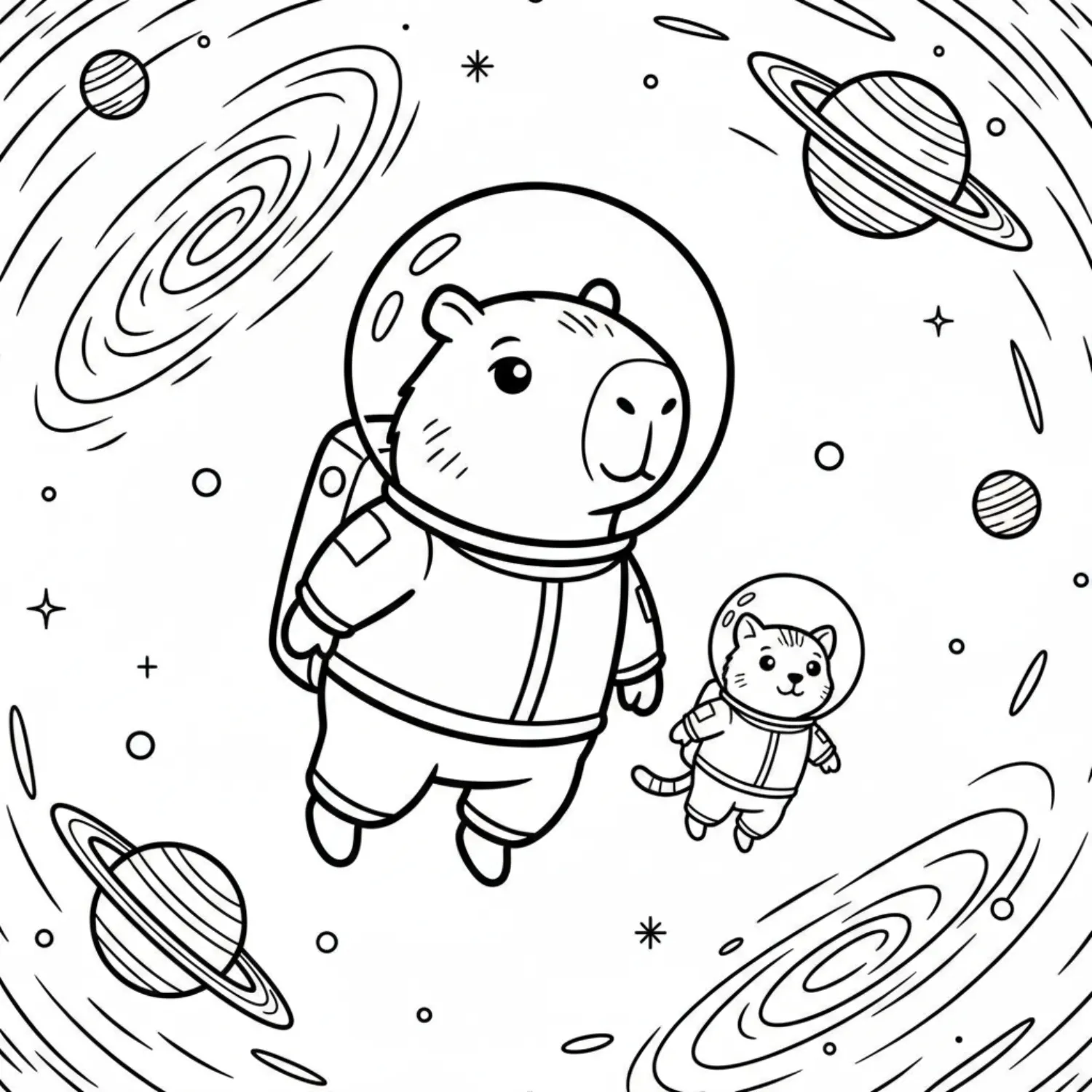 Astronaut Capybara And Cat Floating In Space coloring page