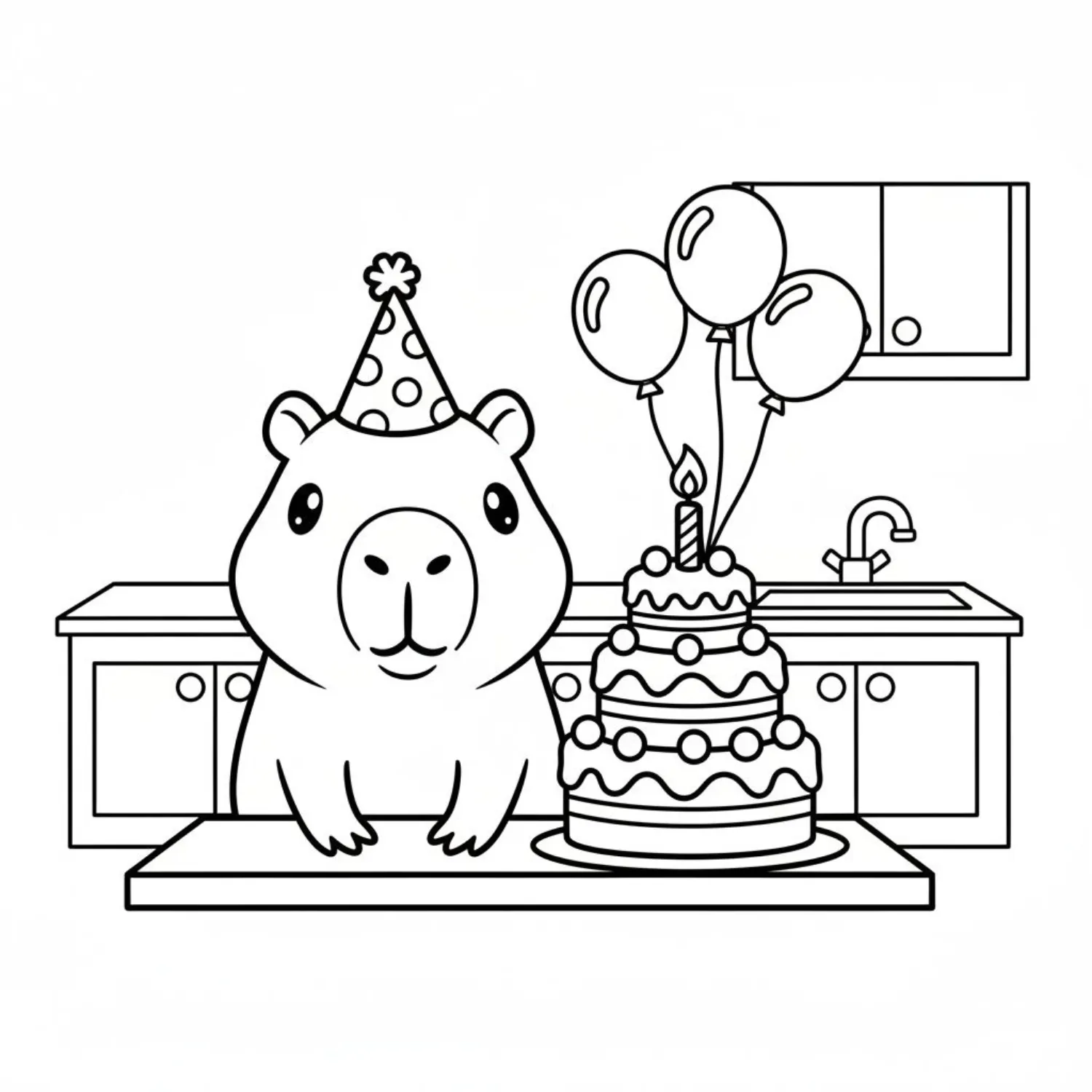 Capybara Celebrating Birthday With Cake And Balloons In The Kitchen coloring page