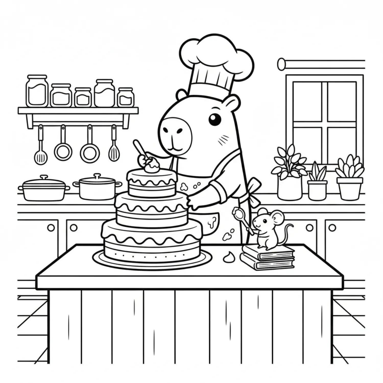 Capybara Chef Baking A Giant Cake With Mouse Friend coloring page