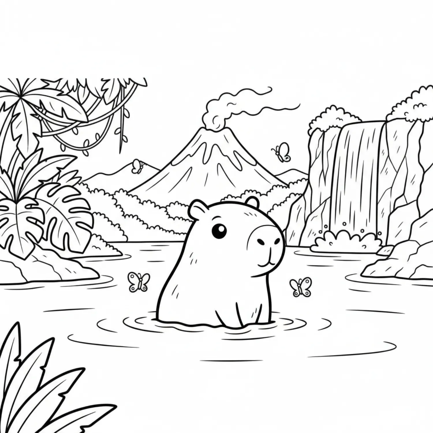 Capybara In A Tropical River With Waterfall And Volcano coloring page