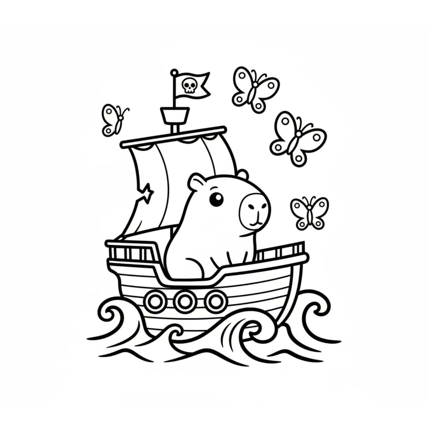 Cute Capybara Sailing Pirate Ship With Butterflies coloring page