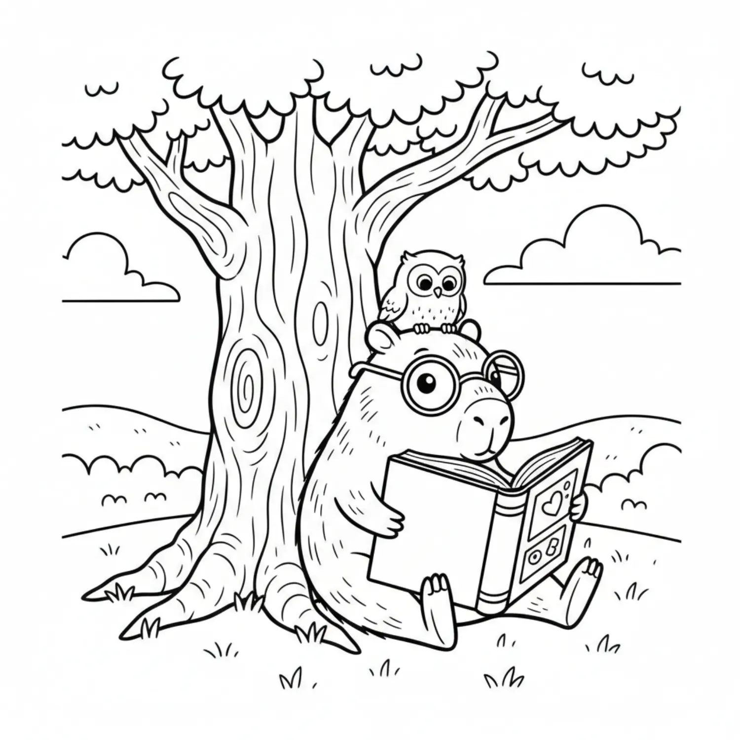 Cute Capybara With Glasses Reading A Book Under A Tree With Owl coloring page