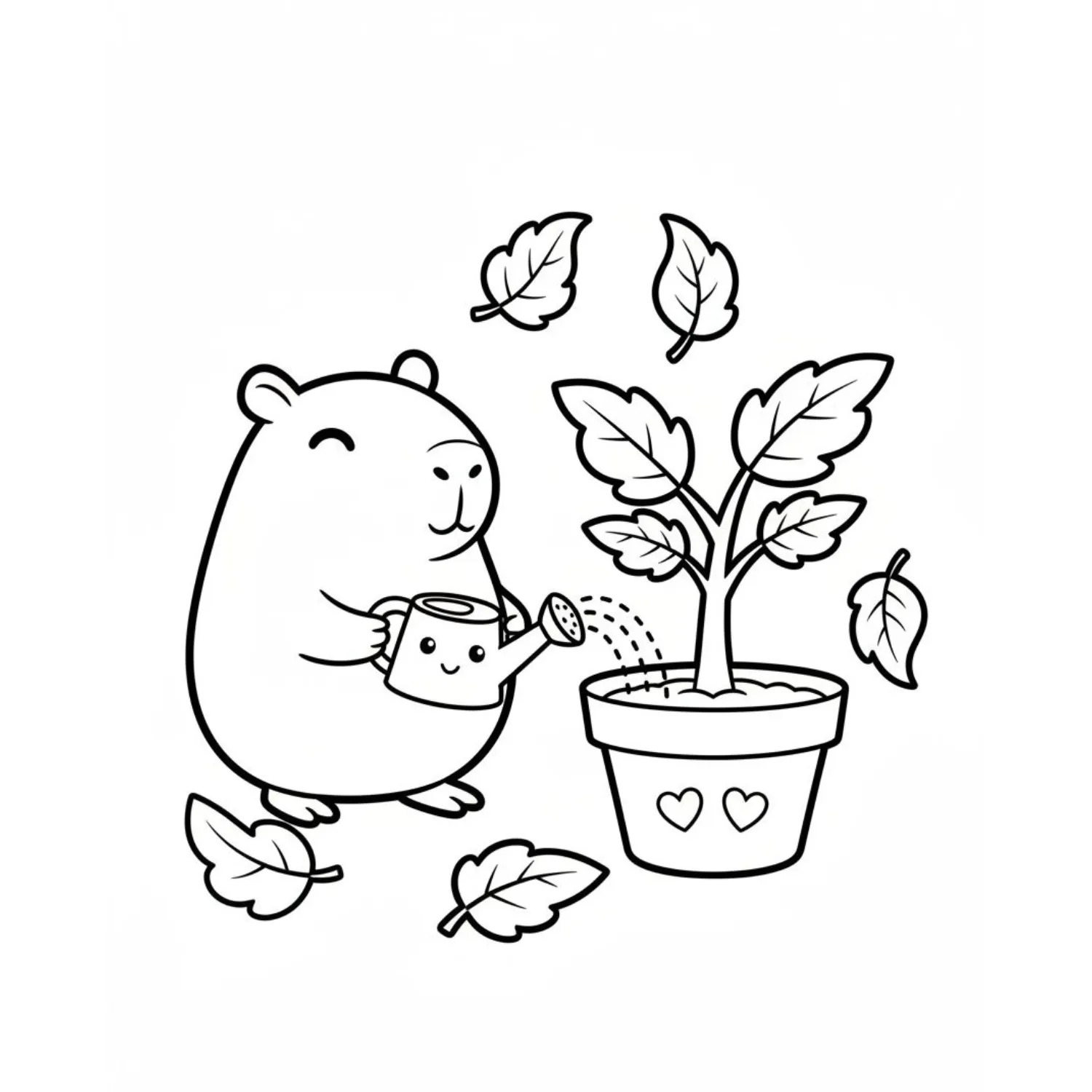 Friendly Capybara Watering A Potted Plant coloring page