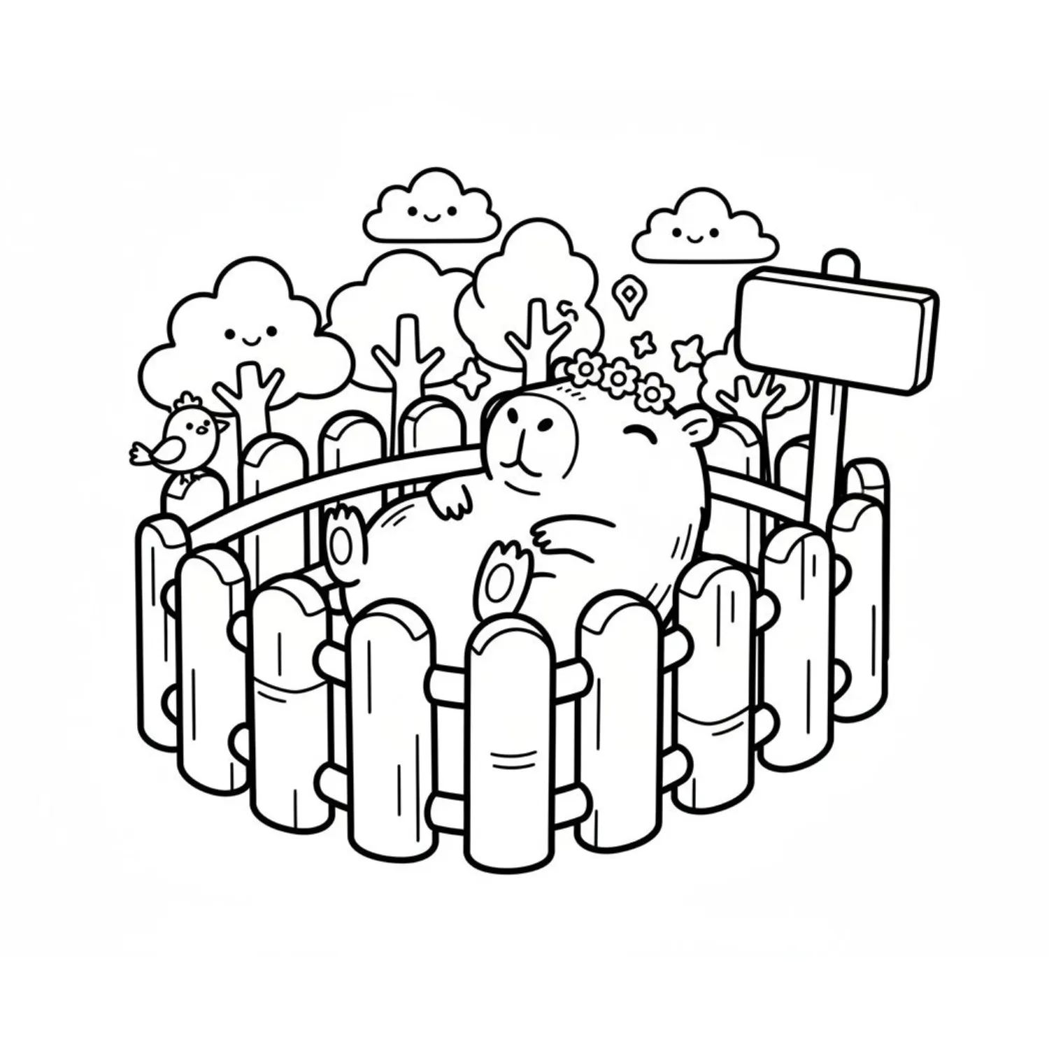 Relaxed Capybara With Flower Crown In A Garden Fence coloring page