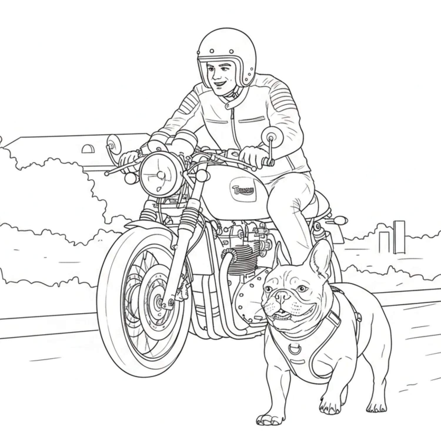 Bulldog Chasing Motorcycle coloring page - free printable bulldog chasing motorcycle coloring sheet for kids