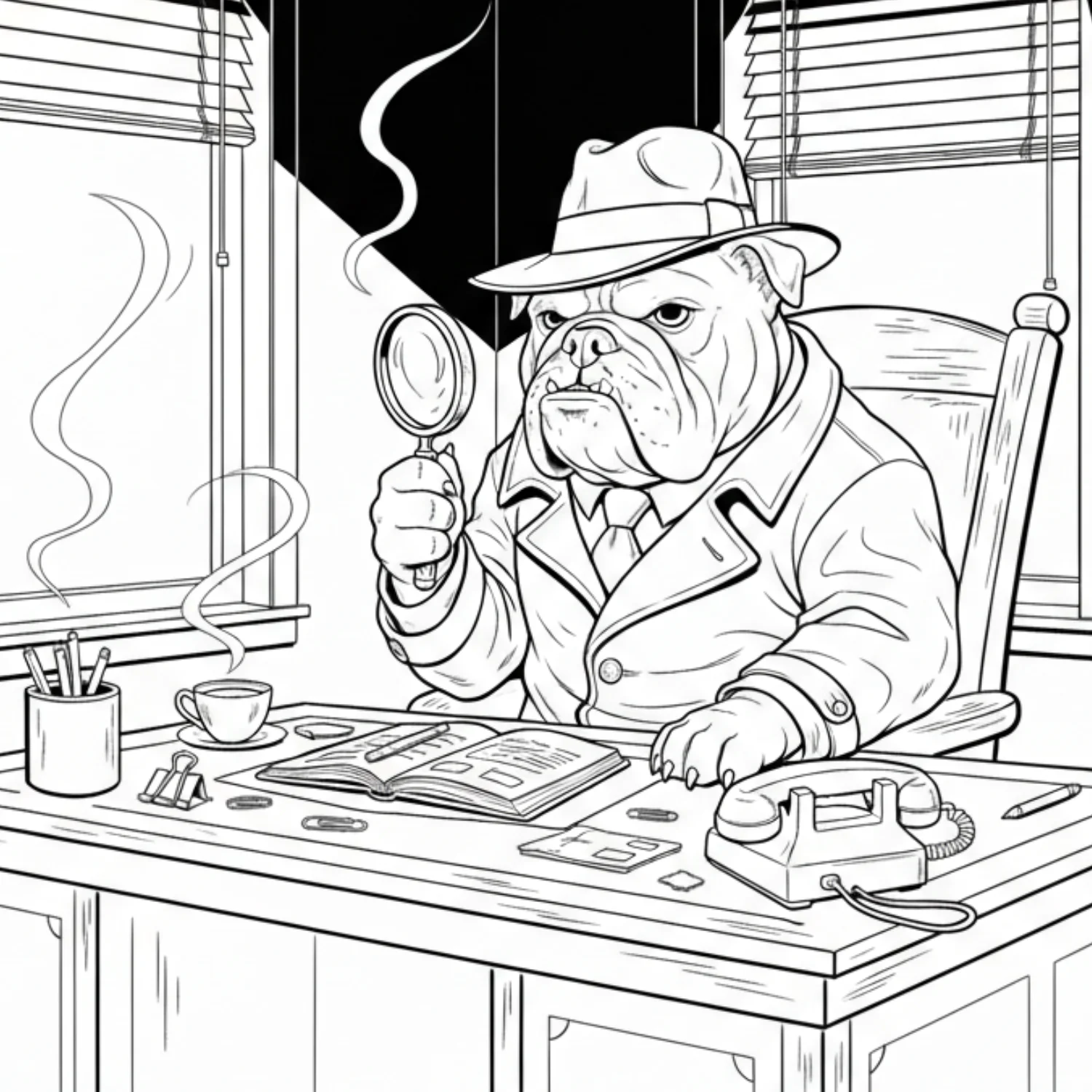 Detective Bulldog coloring page - free printable detective bulldog coloring sheet for kids