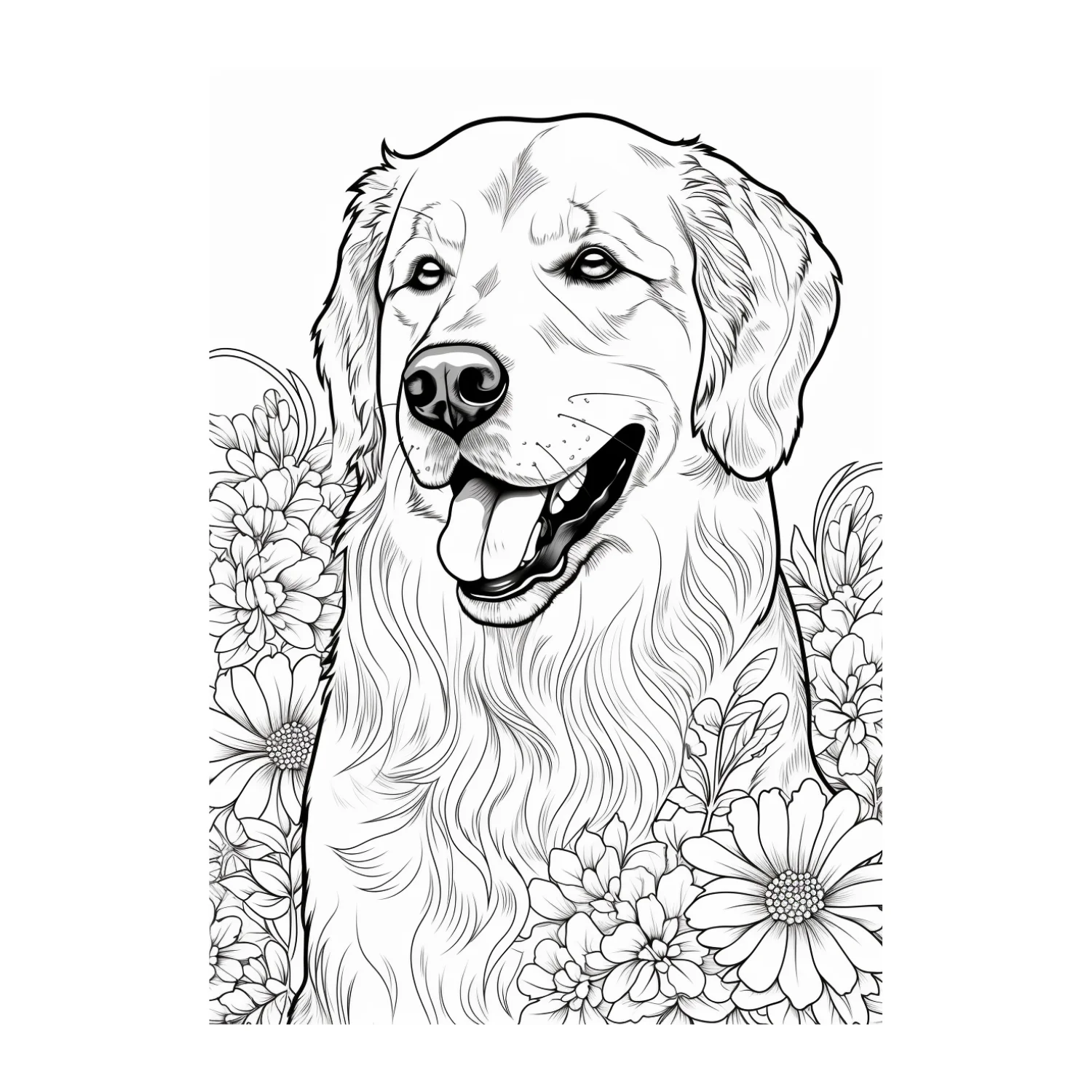 Cheerful Golden with Daisies coloring page - free printable golden retriever coloring sheet for kids
