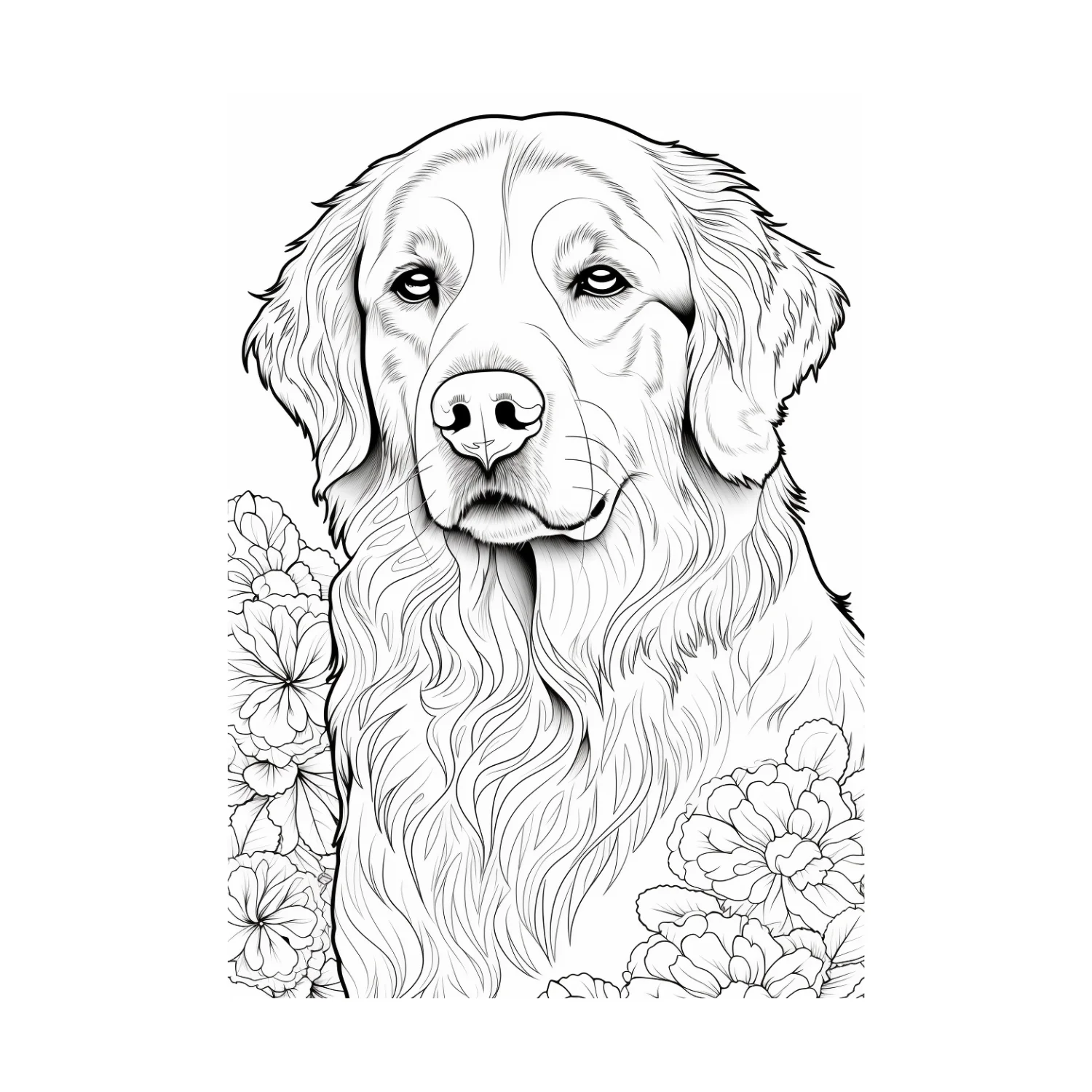 Golden Portrait with Flowers coloring page - free printable golden retriever coloring sheet for kids