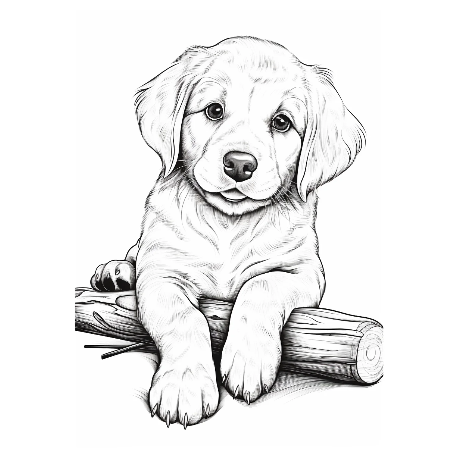 Puppy Resting on Log coloring page - free printable golden retriever coloring sheet for kids