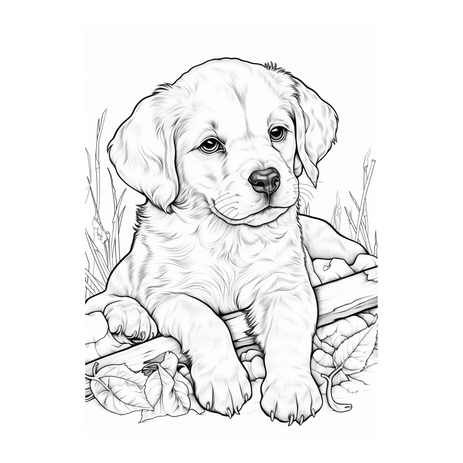 Puppy on Wooden Log coloring page - free printable golden retriever coloring sheet for kids